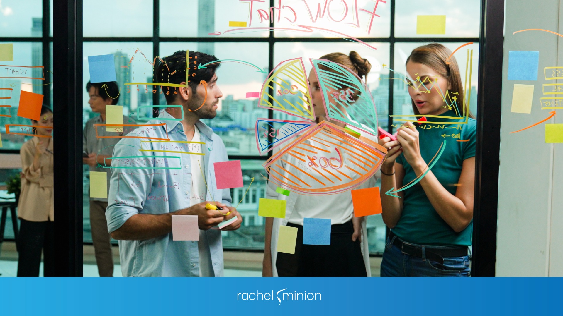 Marketing team drawing stats on a window